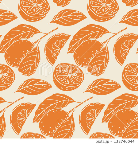Seamless pattern showcasing orange citrus fruits with green leaves on a light beige background, including whole oranges and sliced segments arranged harmoniously Seamless pattern showcasing orange citrus fruits with green leaves on a light beige background, including whole oranges and sliced segments arranged harmoniously 138746044