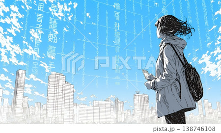 デジタルデータと日本人ビジネスウーマン｜AI・IT時代のテクノロジーイメージ（バイナリーコード）