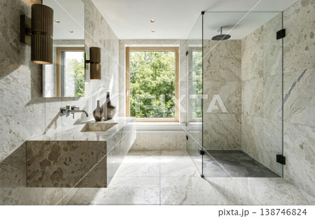 A modern bathroom vanity features a rectangular sink with a marble countertop. The design is clean, minimal, and stylish. 138746824