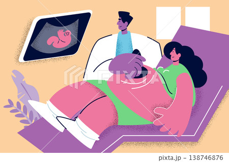 A doctor performing an ultrasound checkup for a pregnant woman in a clinic. Corporate Memphis style vector art showing medical technology and prenatal monitoring. A doctor performing an ultrasound checkup for a pregnant woman in a clinic. Corporate Memphis style vector art showing medical technology and prenatal monitoring. 138746876