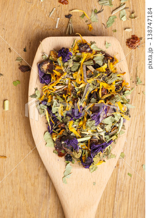 Pile of dry herb leaves and flower petals Pile of dry herb leaves and flower petals 138747184