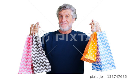 Mature man holding multicolored shopping bags transparent background 138747686