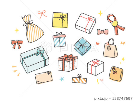 いろんなプレゼントの手描きイラストセット 138747697