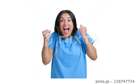 Happy woman cheering success expressing excitement on transparent background 138747734