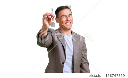 Happy man holding house key celebrating real estate success Happy man holding house key celebrating real estate success 138747839
