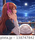 白猫とコーヒーと夜景を楽しむ少女【夜・音楽・イラスト】 138747842