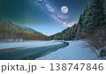 満天の星空と月が輝く雪の川辺【冬・夜空・イラスト】 138747846