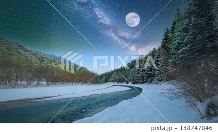 満天の星空と月が輝く雪の川辺【冬・夜空・イラスト】 138747846