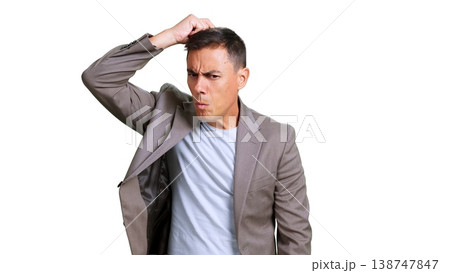 Man scratching head looking confused and thinking, transparent background 138747847