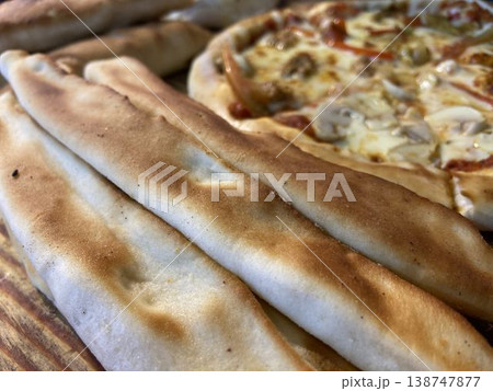 Pizza with arabic fataer photo on wood table 138747877