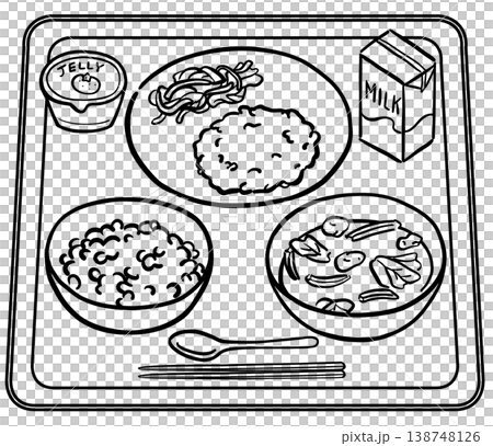 School lunch menu: milk in a paper carton and white rice (line drawing) School lunch menu: milk in a paper carton and white rice (line drawing) 138748126
