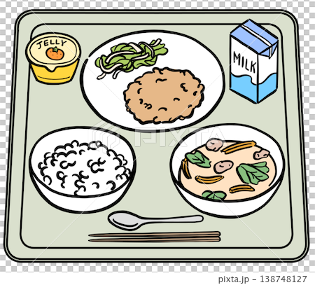 學校午餐菜單，包括紙盒裝牛奶和白米飯（插圖） 138748127