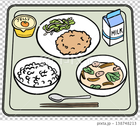 A school lunch menu featuring milk in a paper carton and white rice (illustration) A school lunch menu featuring milk in a paper carton and white rice (illustration) 138748213