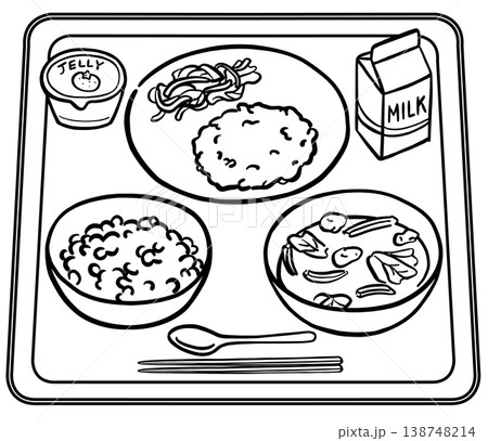 紙パック牛乳と白米の給食メニュー 線画 紙パック牛乳と白米の給食メニュー 線画 138748214