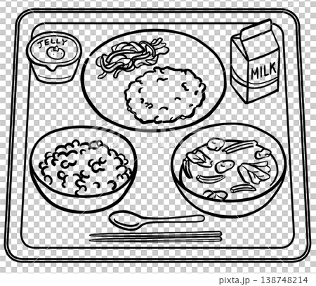 紙パック牛乳と白米の給食メニュー 線画 紙パック牛乳と白米の給食メニュー 線画 138748214