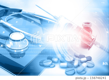 Stethoscope on tablet pc with medicines 138748241