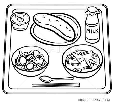 瓶牛乳とパンの給食メニュー 線画 瓶牛乳とパンの給食メニュー 線画 138748458