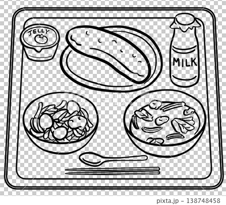 瓶牛乳とパンの給食メニュー 線画 瓶牛乳とパンの給食メニュー 線画 138748458