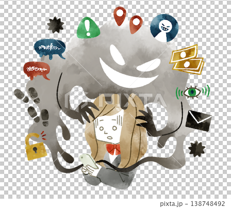 Female student gets caught up in smartphone trouble - watercolor 138748492