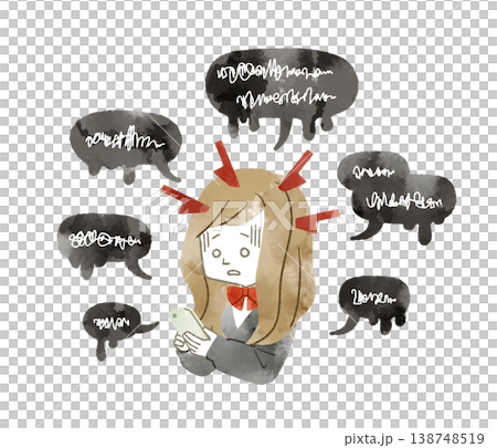 A female student troubled by online defamation via smartphone - Watercolor A female student troubled by online defamation via smartphone - Watercolor 138748519