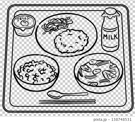 學校午餐菜單：瓶裝牛奶和白飯（線描圖） 138748531
