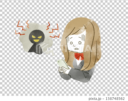 スマホトラブルに不安を感じる女子学生-水彩 スマホトラブルに不安を感じる女子学生-水彩 138748562