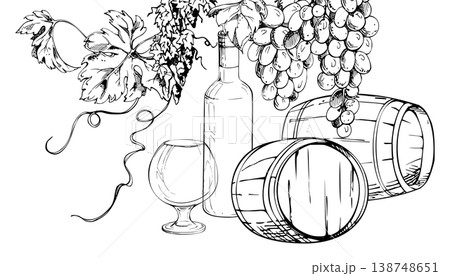 Wine bottle, oak barrel and balloon glass under hanging grapevine with fruit bunches, leaves and creepers. Isolated hand drawn ink vector illustration. Premium labels, menus, promotional graphics. Wine bottle, oak barrel and balloon glass under hanging grapevine with fruit bunches, leaves and creepers. Isolated hand drawn ink vector illustration. Premium labels, menus, promotional graphics. 138748651