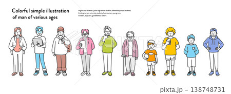 カラフルでシンプルな様々な年代の男性のイラストセット 138748731