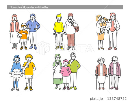 カラフルでシンプルな家族やカップルのイラストセット 138748732