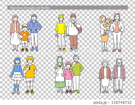カラフルでシンプルな家族やカップルのイラストセット 138748732