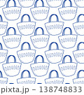 Seamless pattern with blue line art beach bag straw tote for summer vacation textile apparel and accessory packaging design 138748833