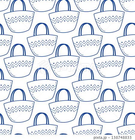 Seamless pattern with blue line art beach bag straw tote for summer vacation textile apparel and accessory packaging design 138748833