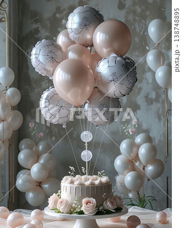 くすみグリーン背景のピンクバルーンとローズケーキ　お祝い装飾 138748895