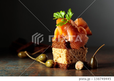Open sandwich with smoked salmon and capers. 138749445