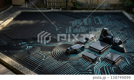 電子基板の回路が描く枯山水の庭園：伝統とサイバーテクノロジーの融合背景 138749899