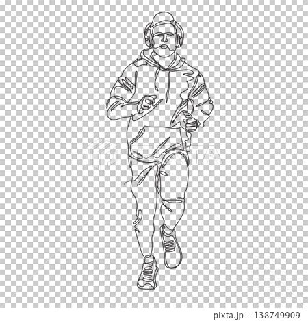 Minimalist single line art illustration of a young man running for exercise. He is wearing a hoodie and headphones, Minimalist single line art illustration of a young man running for exercise. He is wearing a hoodie and headphones, 138749909
