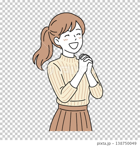 Vector illustration of a woman with her hands clasped in front of her chest in joy. 138750049