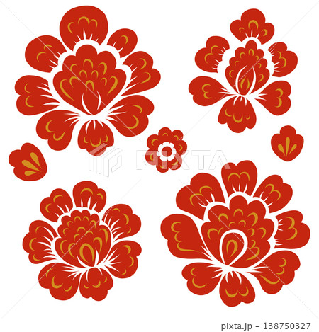 Vector set of red decorative flowers. Collection of floral folk art clip art. 138750327