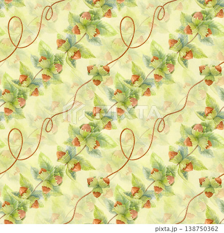 Autumn watercolor seamless pattern with hazelnuts, green leaves and twine strings. Botanical woodland fall design for textile. Autumn watercolor seamless pattern with hazelnuts, green leaves and twine strings. Botanical woodland fall design for textile. 138750362