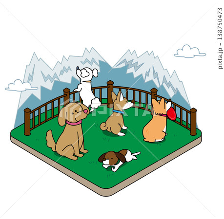 ドッグランで遊んだりくつろいだりする犬たちのアイソメトリックイラスト 138750473