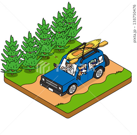 カヤックを載せた車で森の道をドライブするアウトドアイラスト 138750476