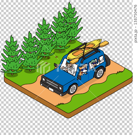 カヤックを載せた車で森の道をドライブするアウトドアイラスト 138750476