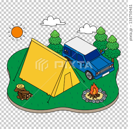 Isometric illustration of a campsite with a tent and a car. Isometric illustration of a campsite with a tent and a car. 138750481