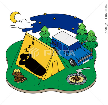 夜のキャンプサイトでテント泊する様子のアイソメトリックイラスト 138750482