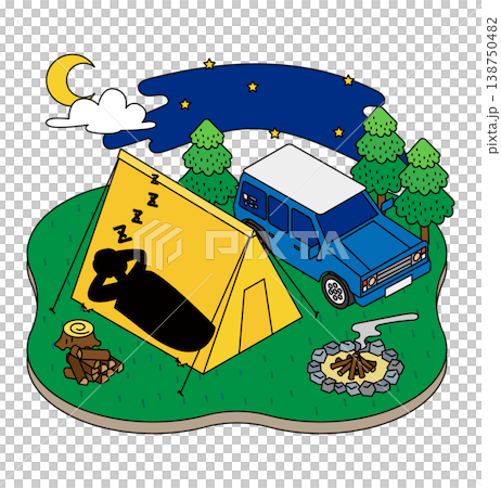 夜のキャンプサイトでテント泊する様子のアイソメトリックイラスト 138750482