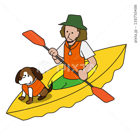 犬と一緒にカヤックを楽しむ人物のアウトドアイラスト 138750486