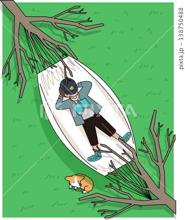 木陰のハンモックでくつろぐ人物のイラスト 木陰のハンモックでくつろぐ人物のイラスト 138750488
