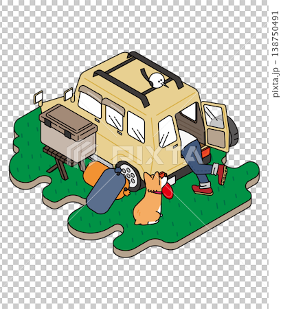 車中泊キャンプの準備をする人物と犬のアイソメトリックイラスト 車中泊キャンプの準備をする人物と犬のアイソメトリックイラスト 138750491