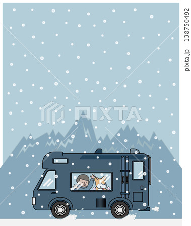 雪道を走るキャンピングカーと犬の冬のドライブイラスト 138750492