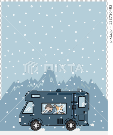 雪道を走るキャンピングカーと犬の冬のドライブイラスト 138750492